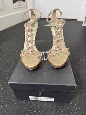 Pelle Ivette- Gold Metallic Crystal Chain T-Strap Heels
